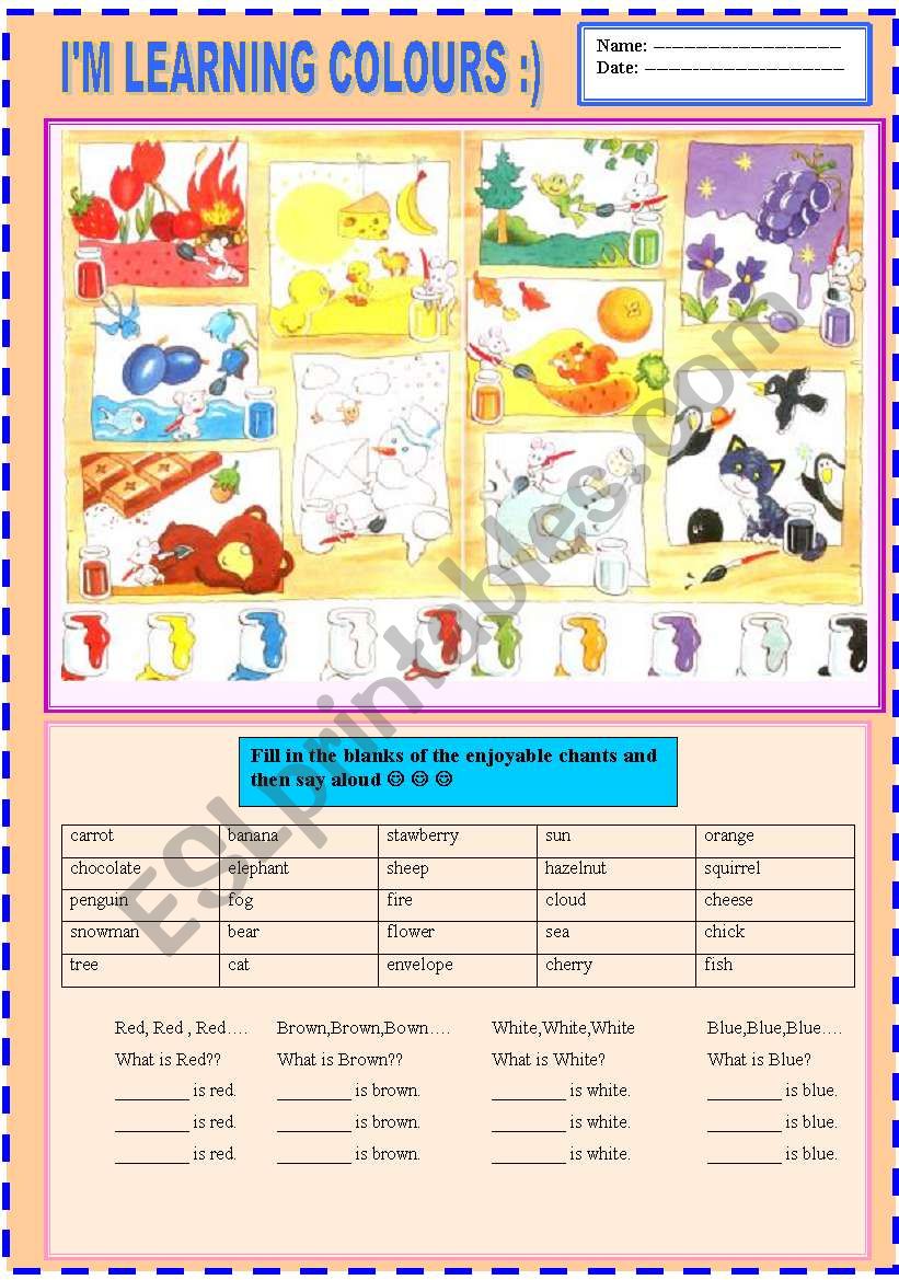 2 pages- IÂ´M LEARNING COLOURS :) WITH ENJOYABLE CHANTS