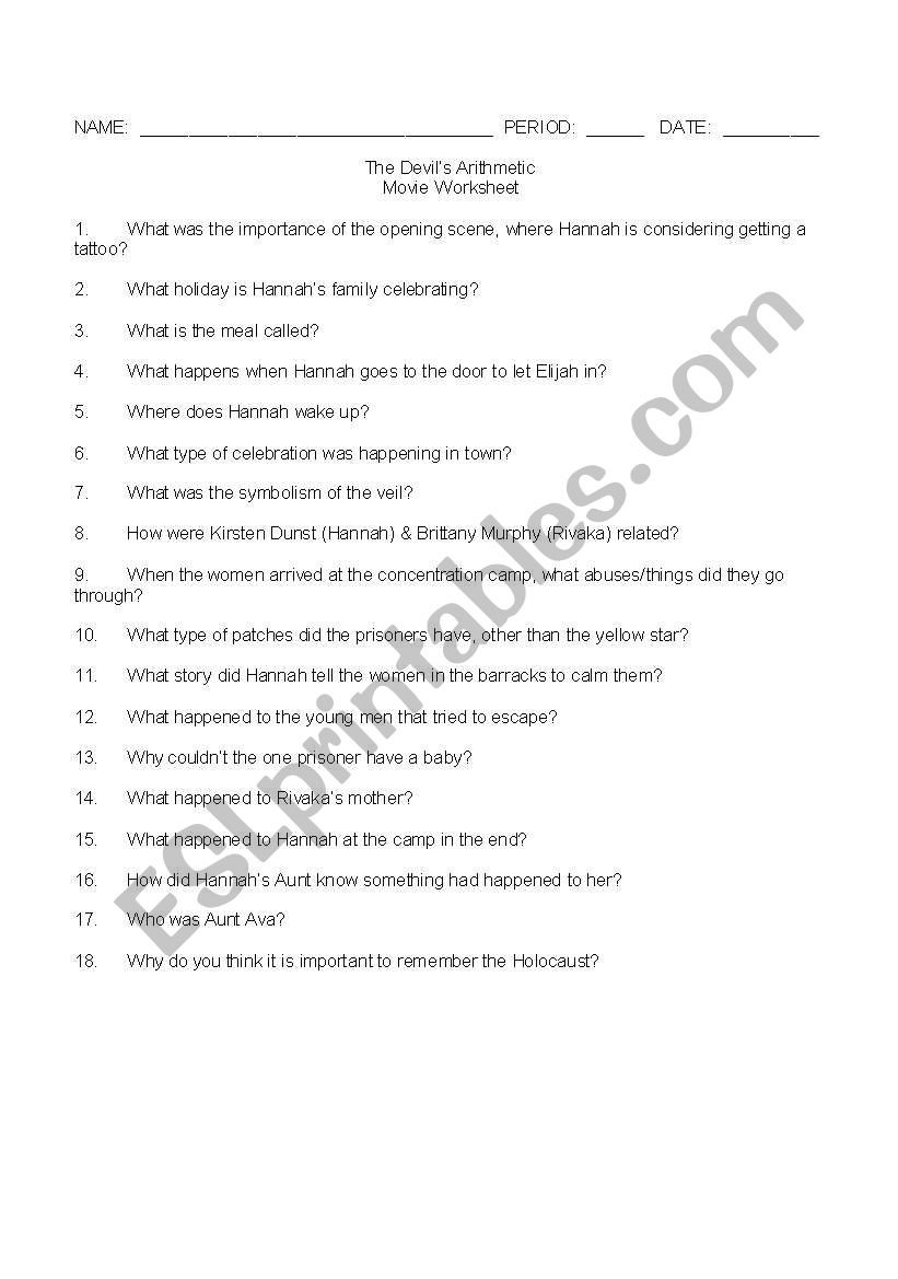 Devils Arithmetic worksheet