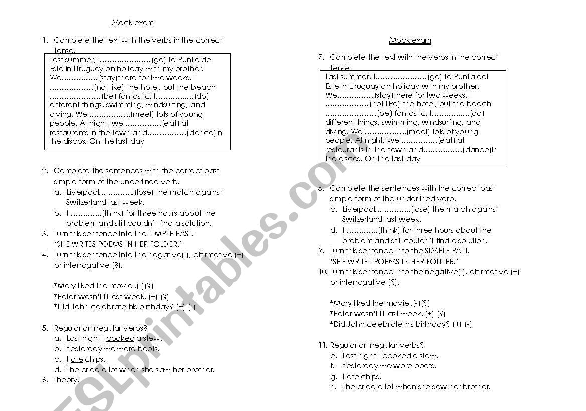 Simple past(exam) worksheet