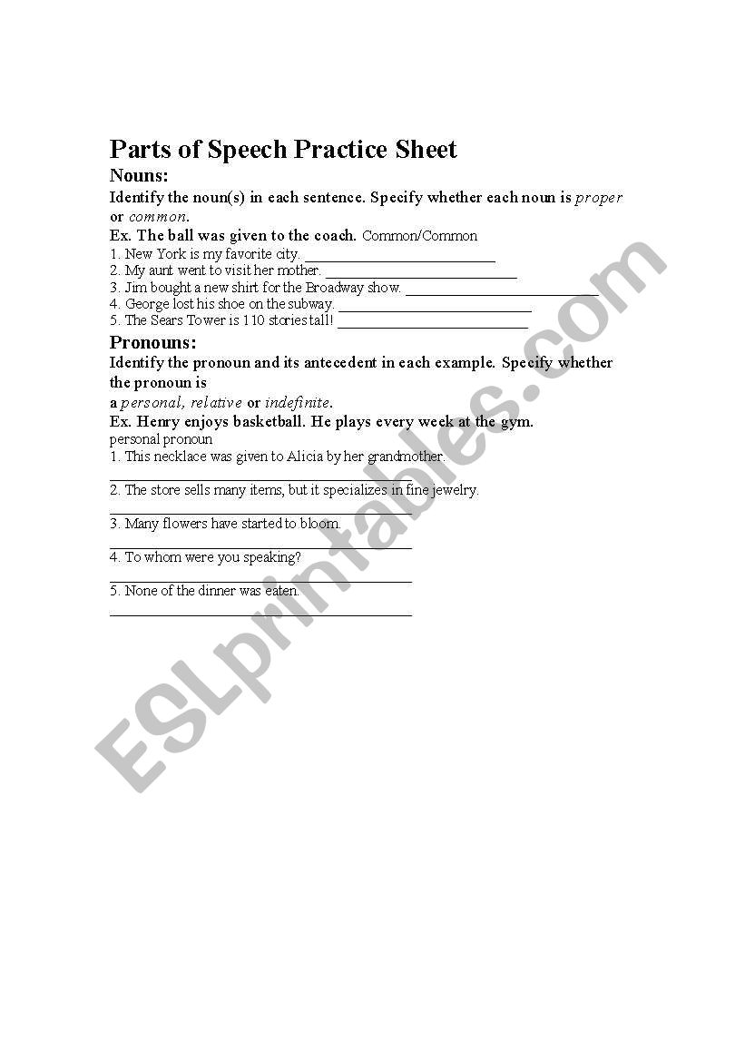 Parts Of Speech Review Worksheet