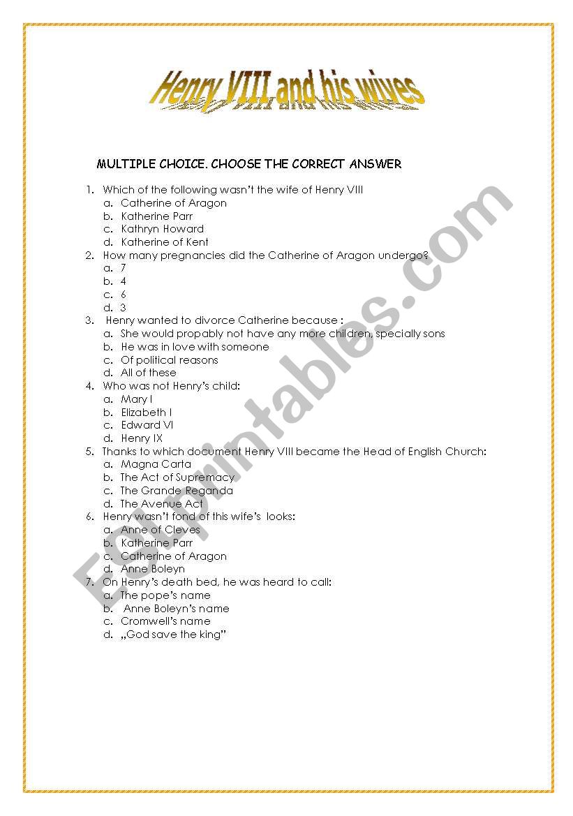 henry VIII and six wives worksheet