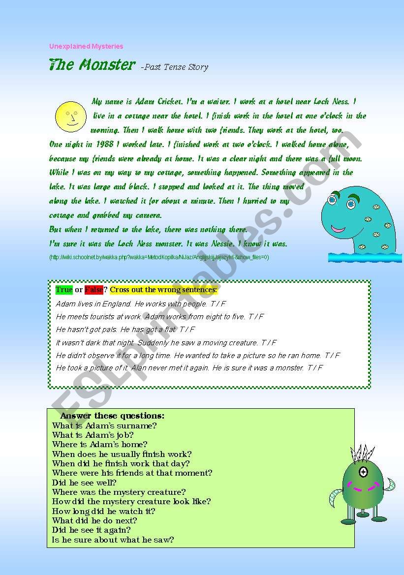 Loch Ness Monster - story + 11 exercises - RLSW + would... Colour / BW ((8 pages))