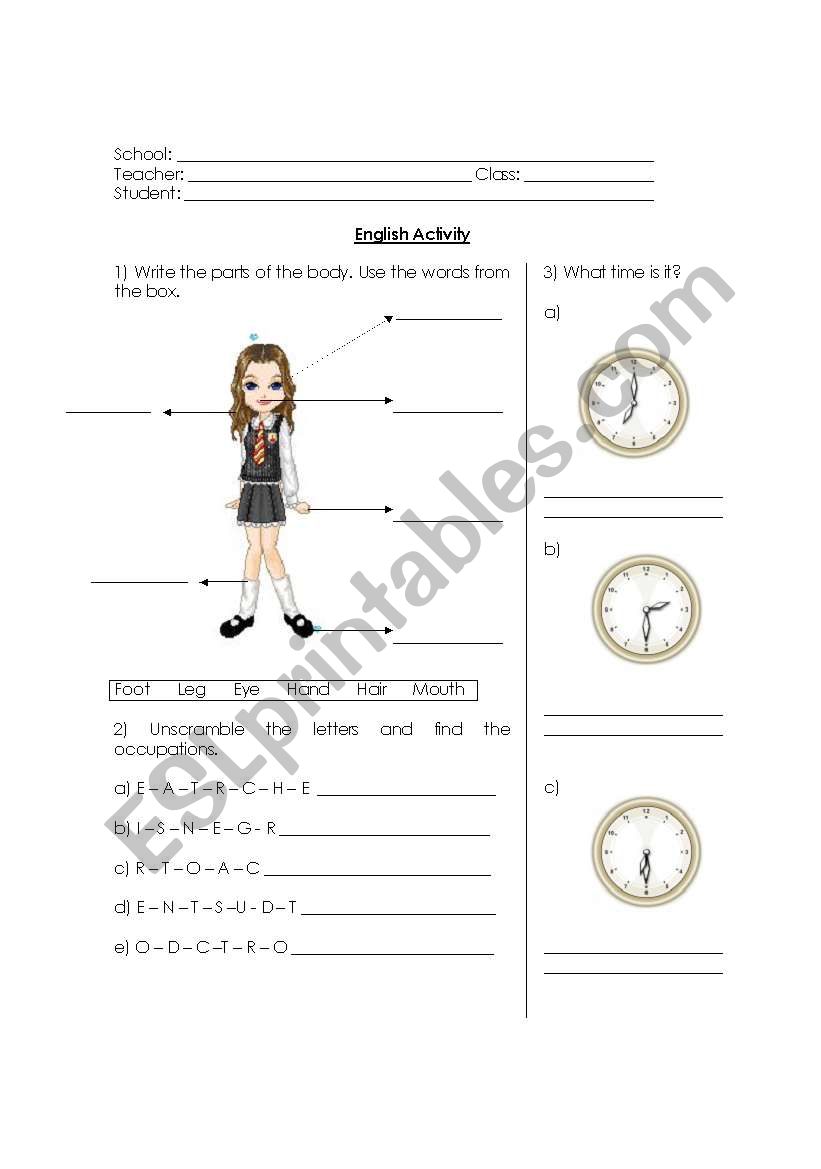 Parts of the body worksheet