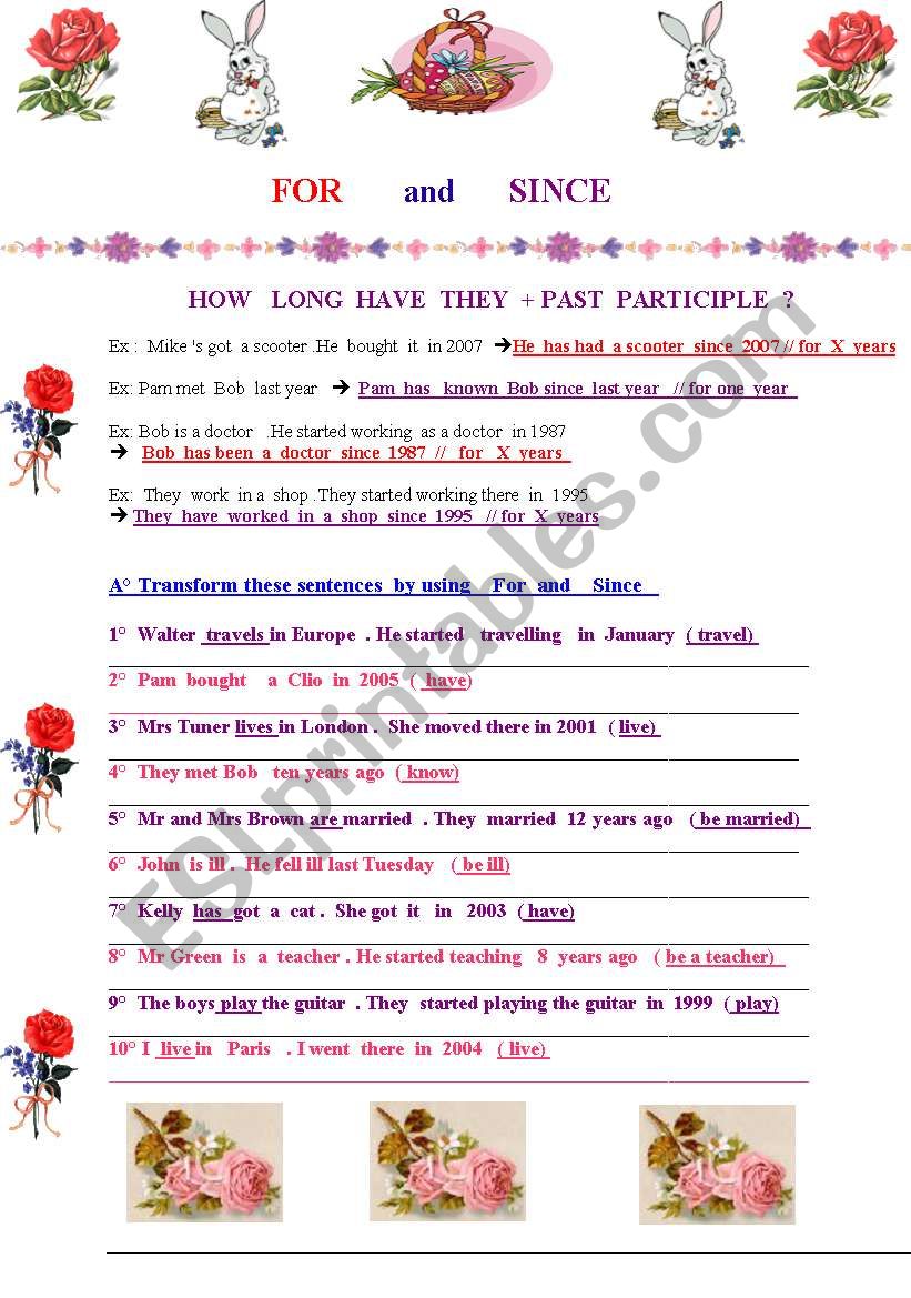 Esay worksheet about the use of FOR  and SINCE 