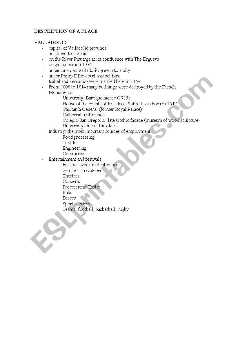 Description of a place worksheet