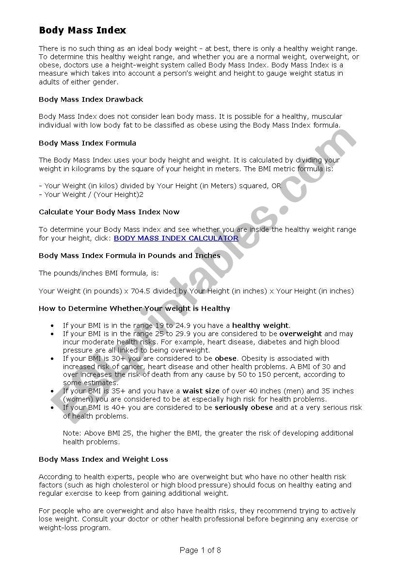 Body Mass Index worksheet