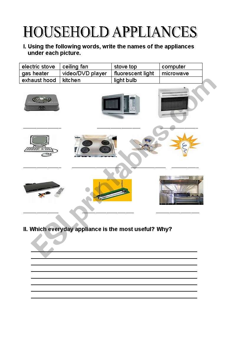 Appliances worksheet