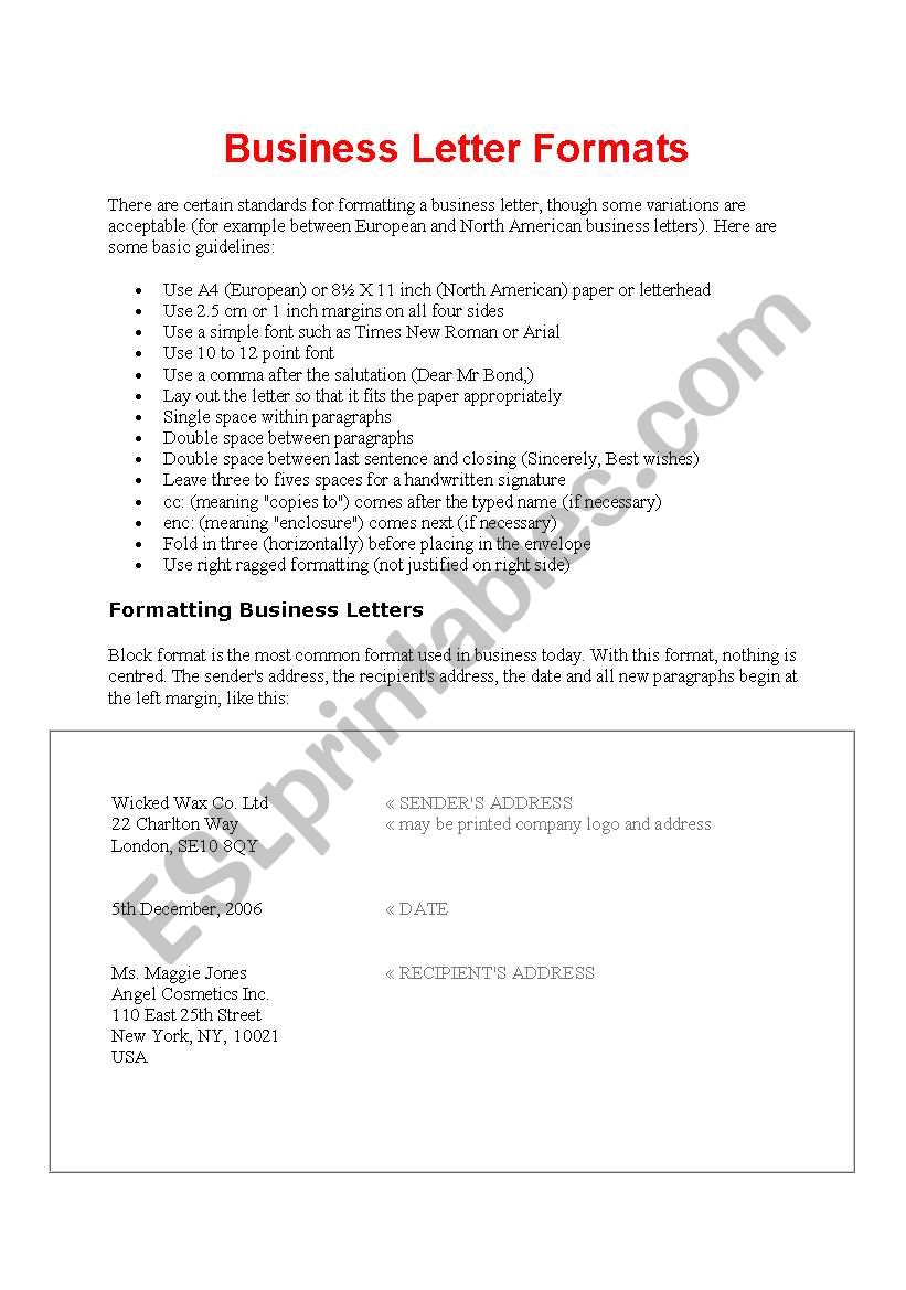 Business Letter Formats worksheet