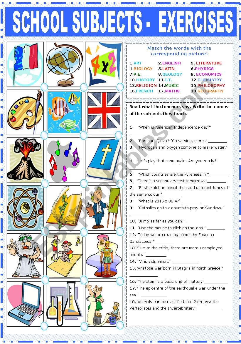 SCHOOL SUBJECTS - EXERCISES worksheet