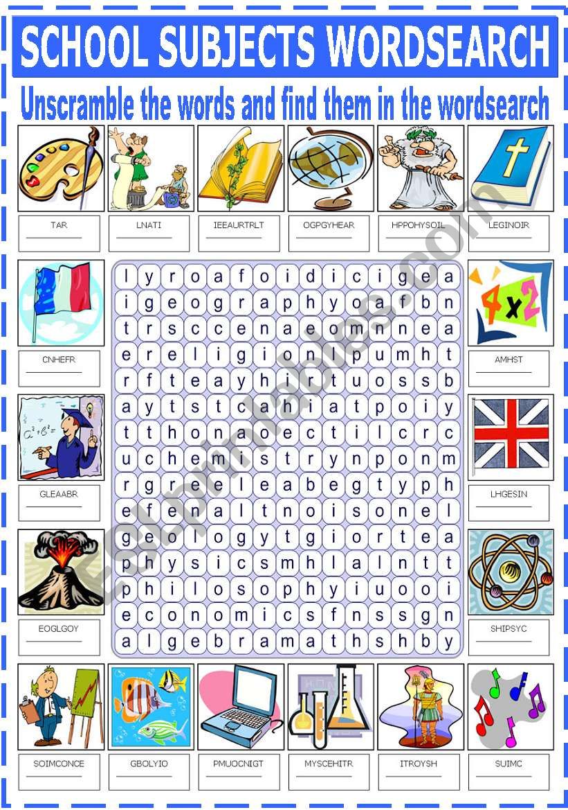 SCHOOL SUBJECTS - WORDSEARCH worksheet