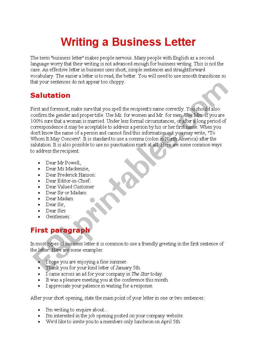 Salutation On A Business Letter from www.eslprintables.com