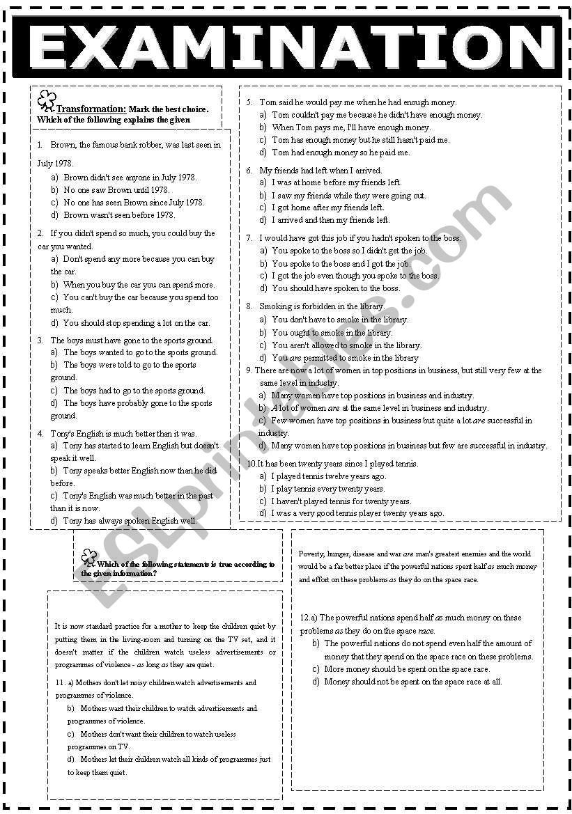 EXAMINATION WITH 2 PAGES worksheet
