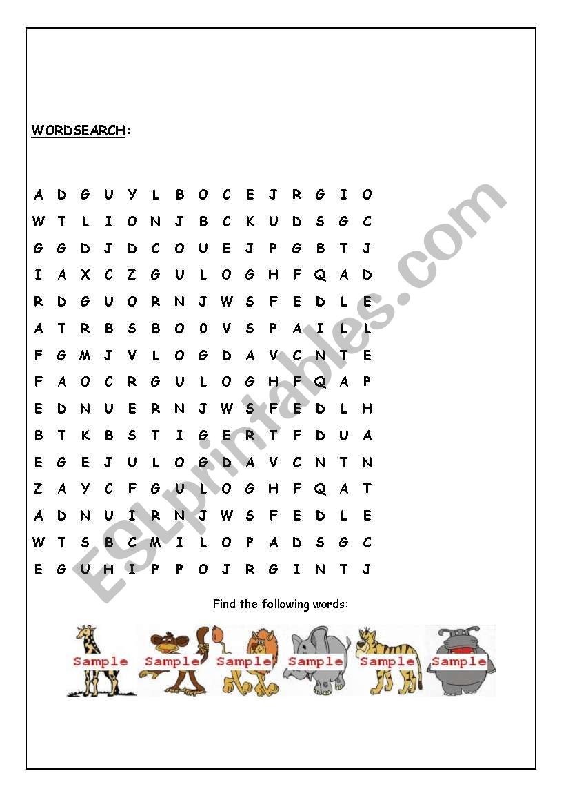 wordsearch animals worksheet