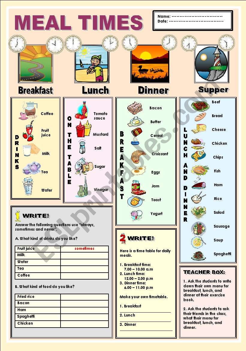 Meal times worksheet