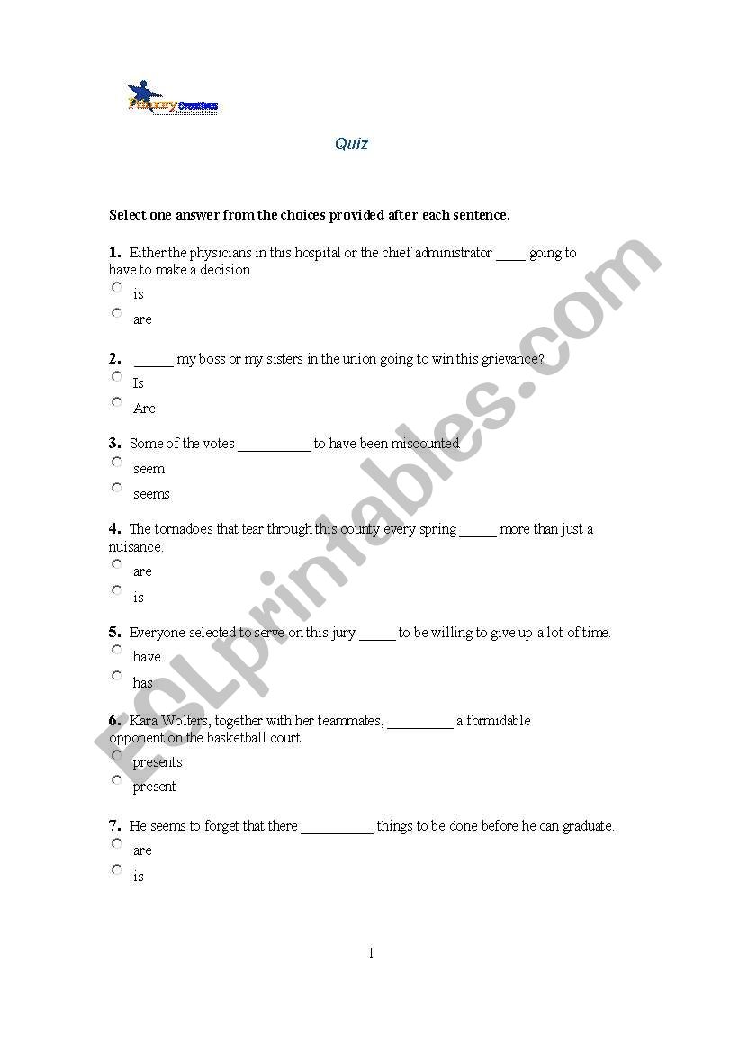 subject verb agreement worksheet