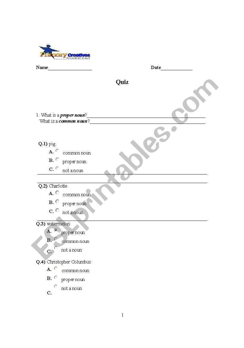 common and proper nouns worksheet