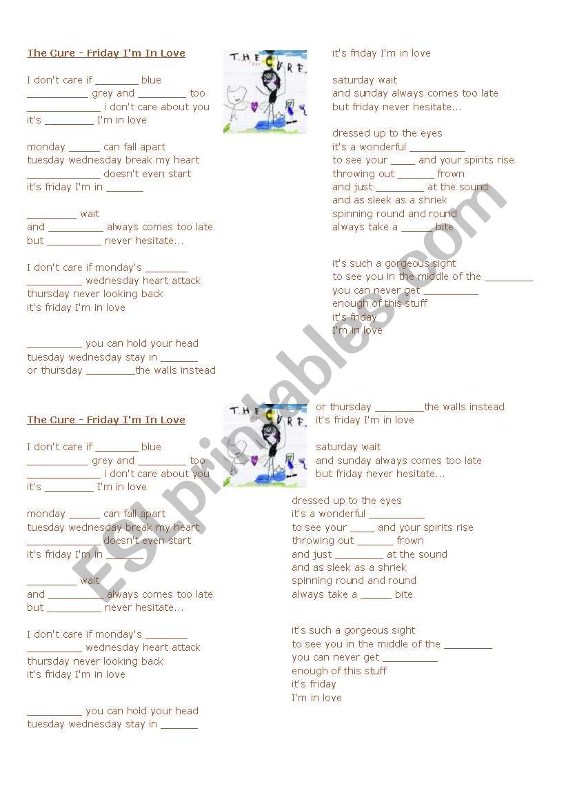 the cure - friday im in love worksheet