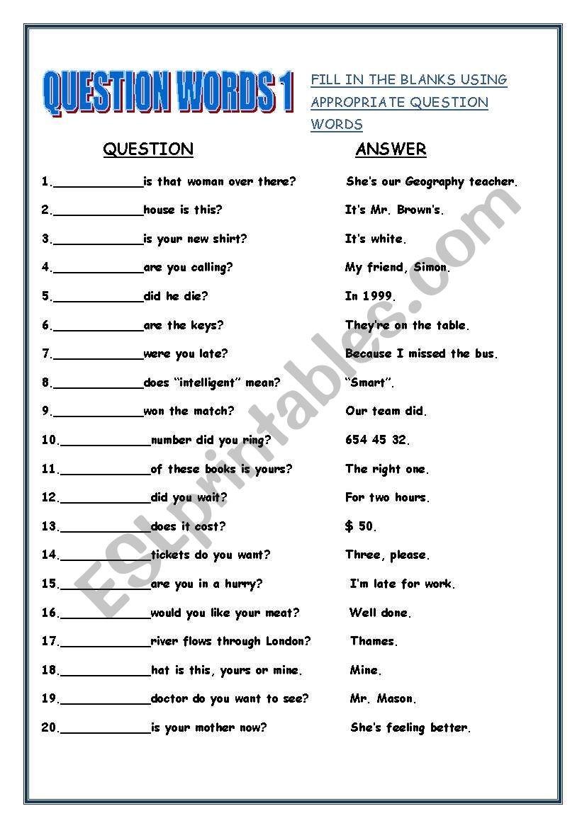 question words worksheet