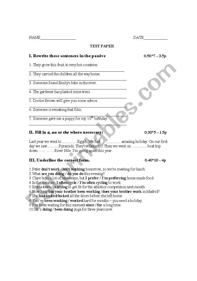test paper second grade worksheet