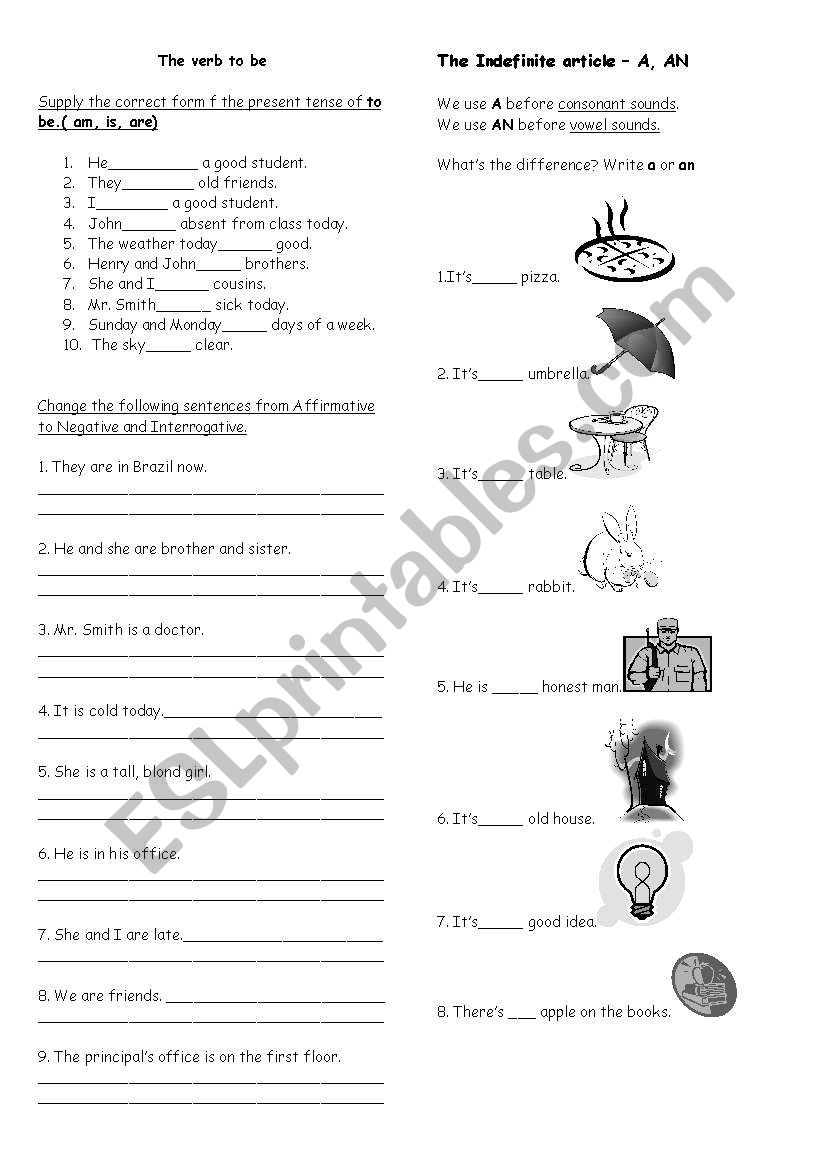 The verb to be, the Indefinite articles A, AN