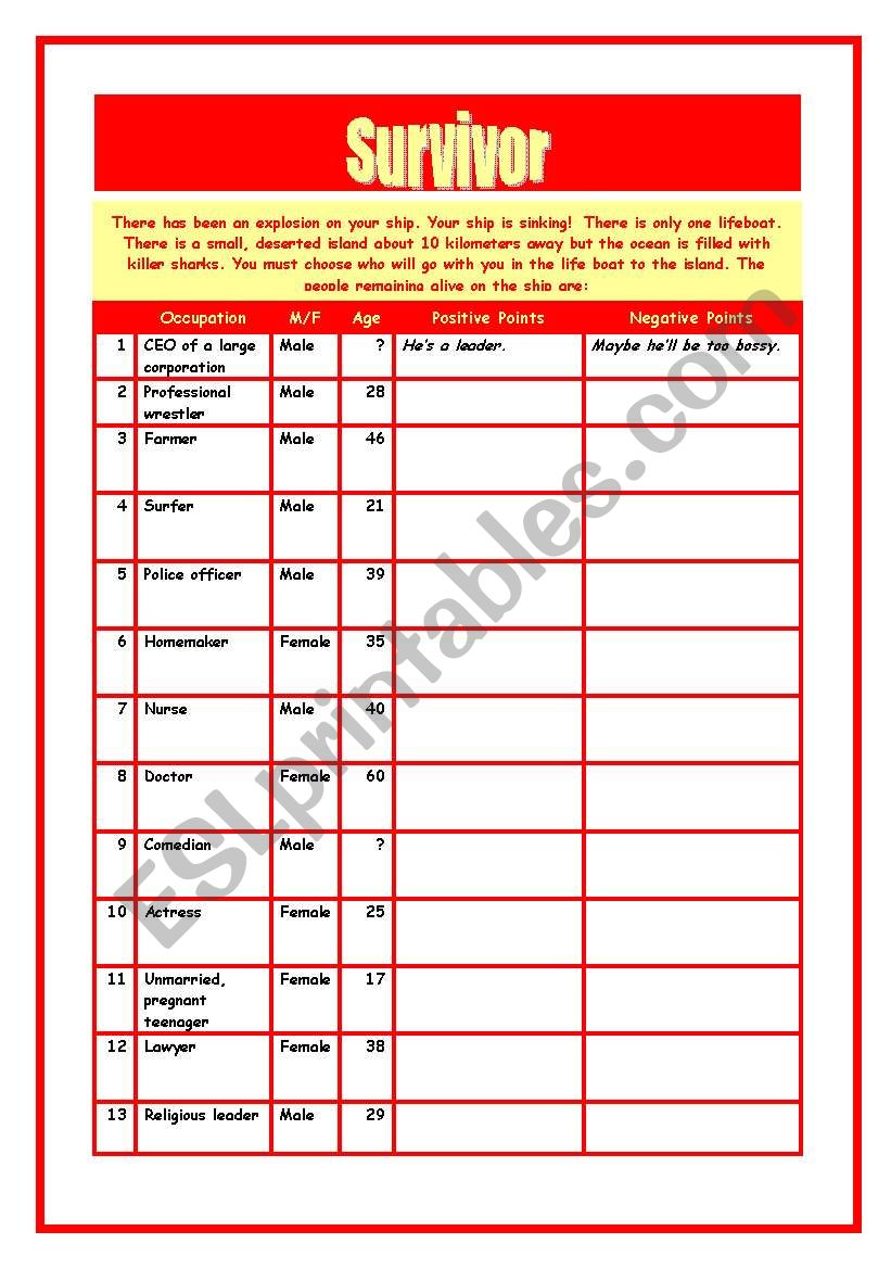 SURVIVOR! Discussion Game with teachers Notes