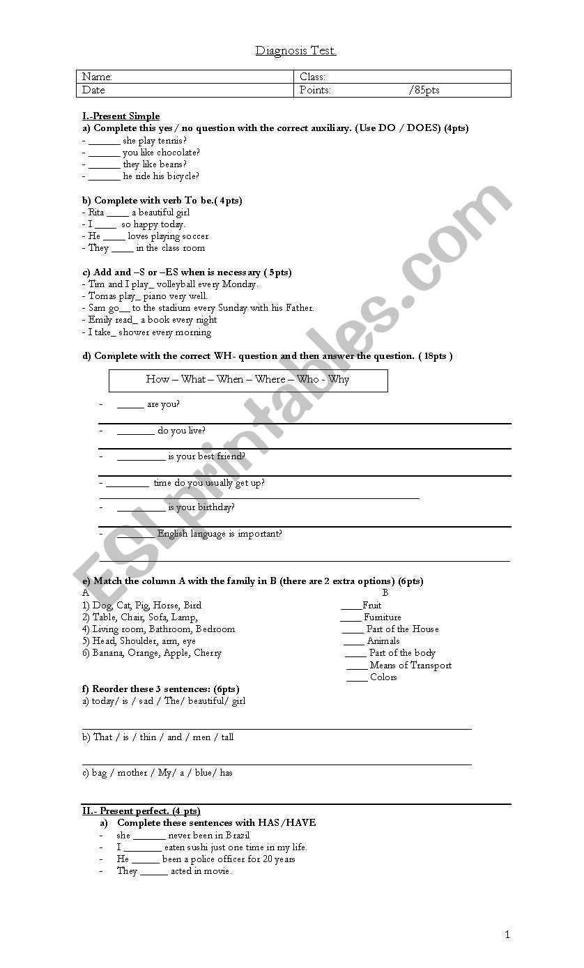 Diagnosis test worksheet