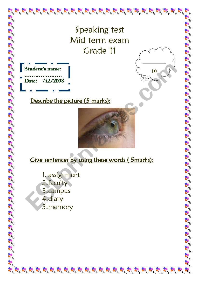 speaking test worksheet