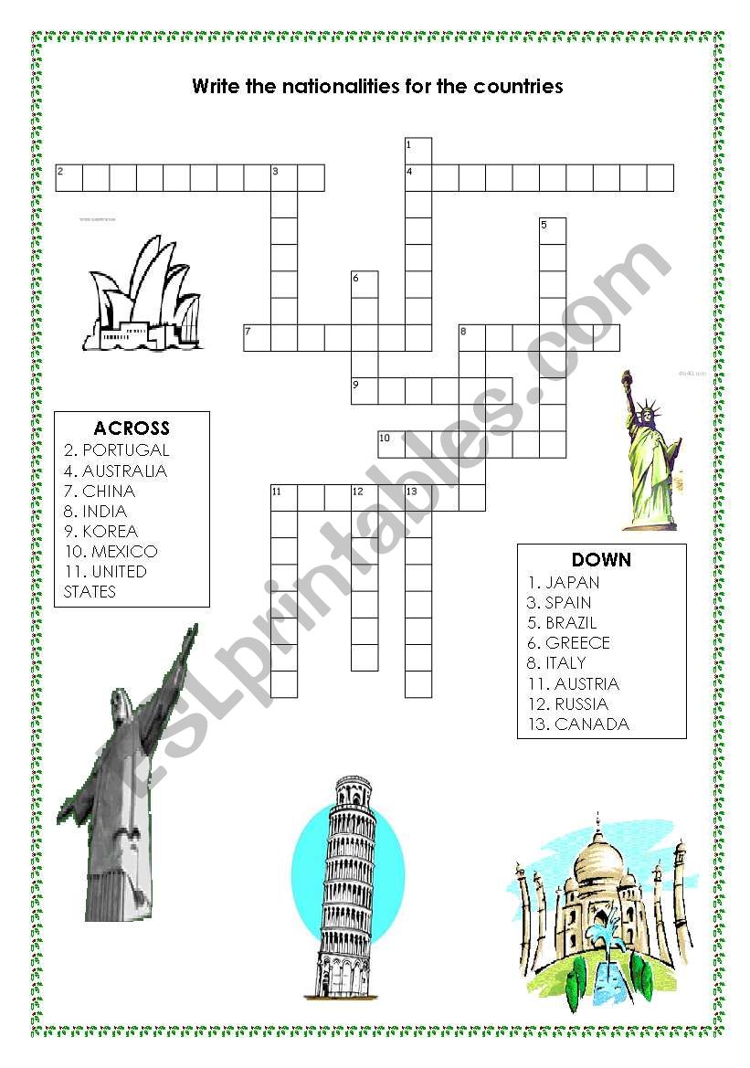 country cross word worksheet