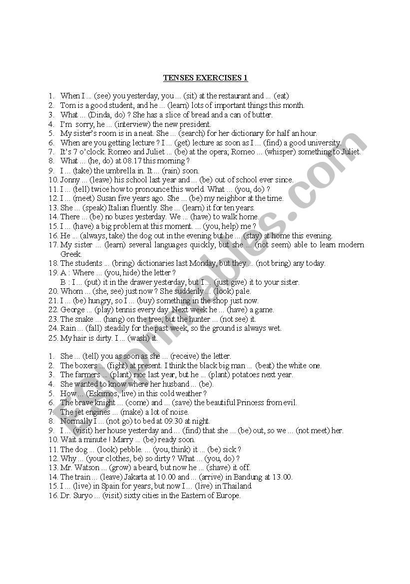 TENSESÂ´ EXERCISES worksheet
