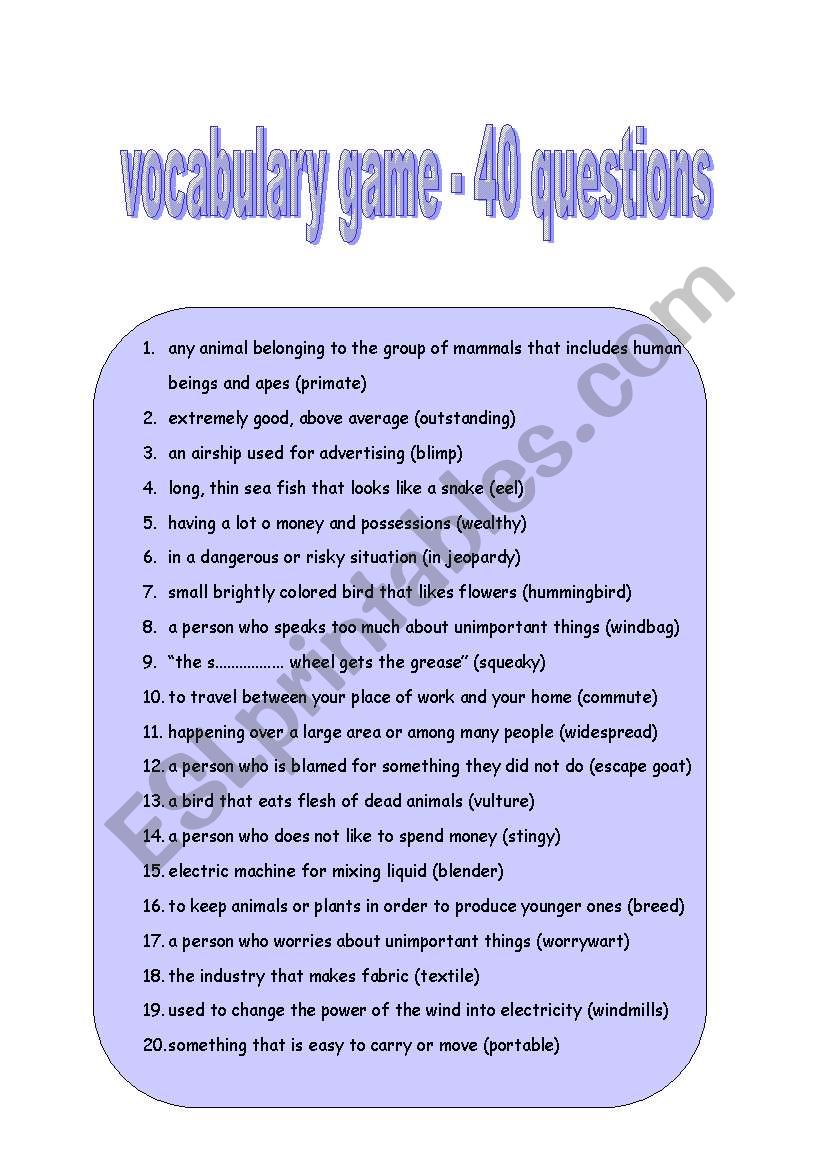 vocabulary game worksheet