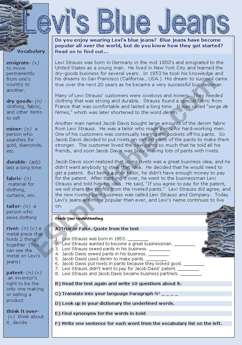 Levis Blue Jeans worksheet