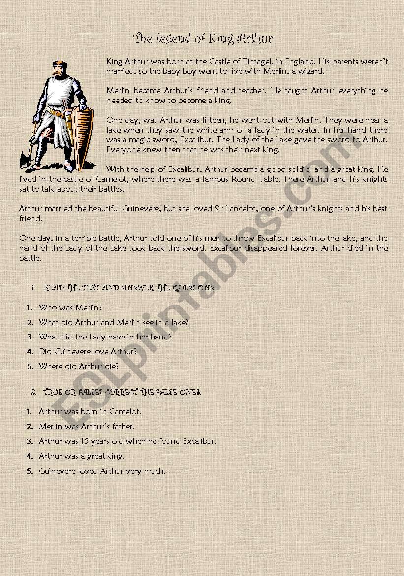 KING ARTHUR worksheet