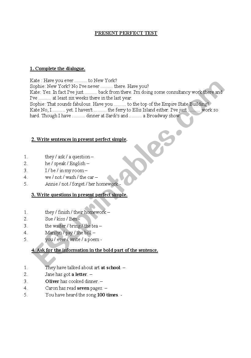 present perfect worksheet