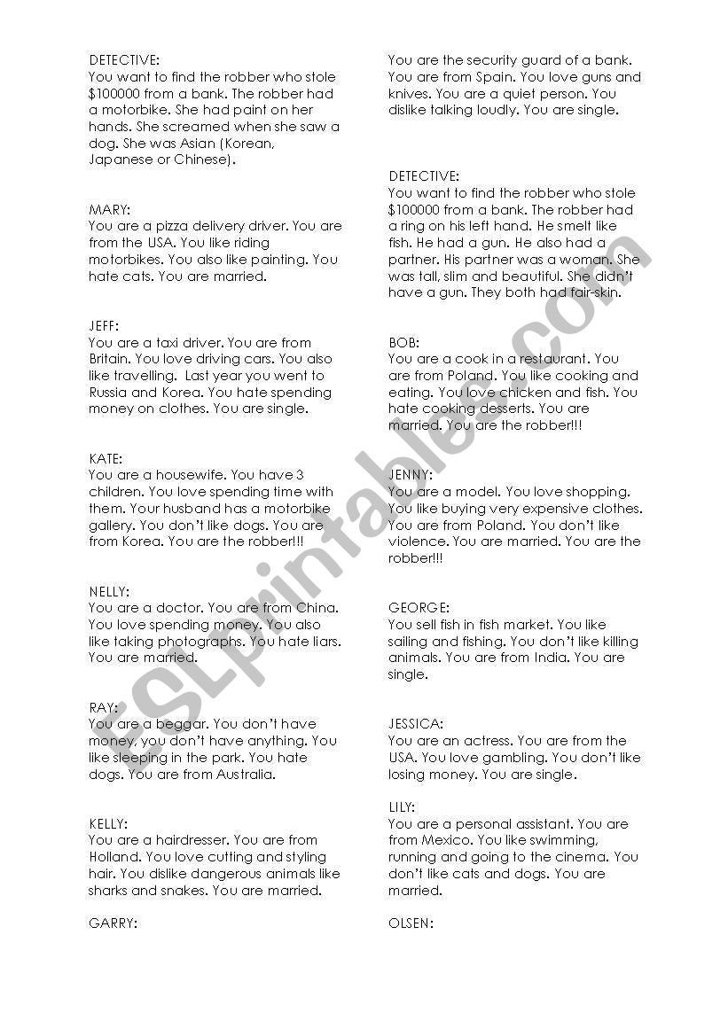 bank robbery role play worksheet