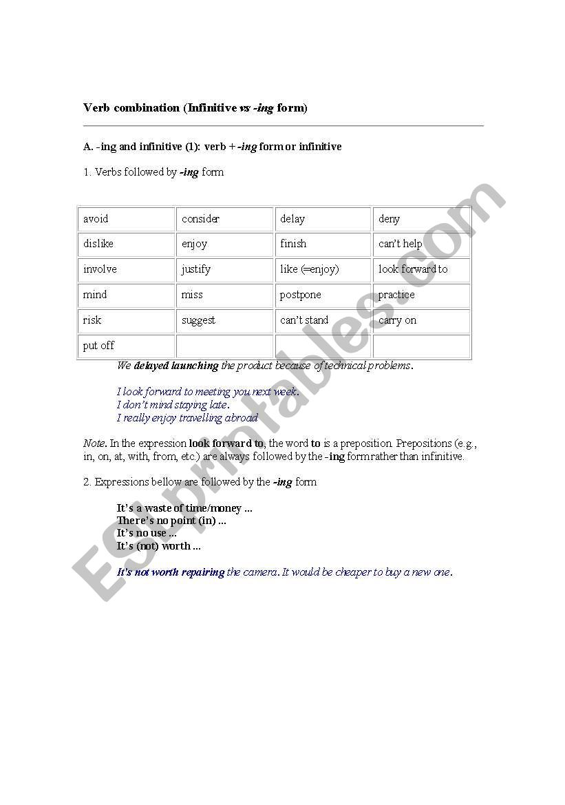 verb combination worksheet