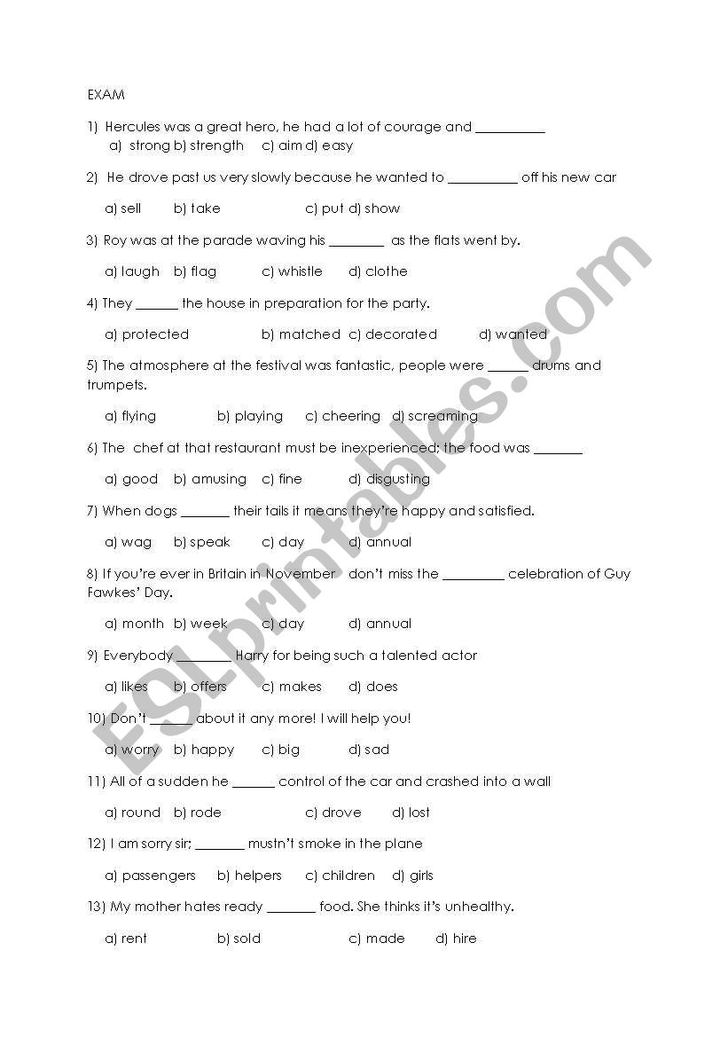 word exam worksheet
