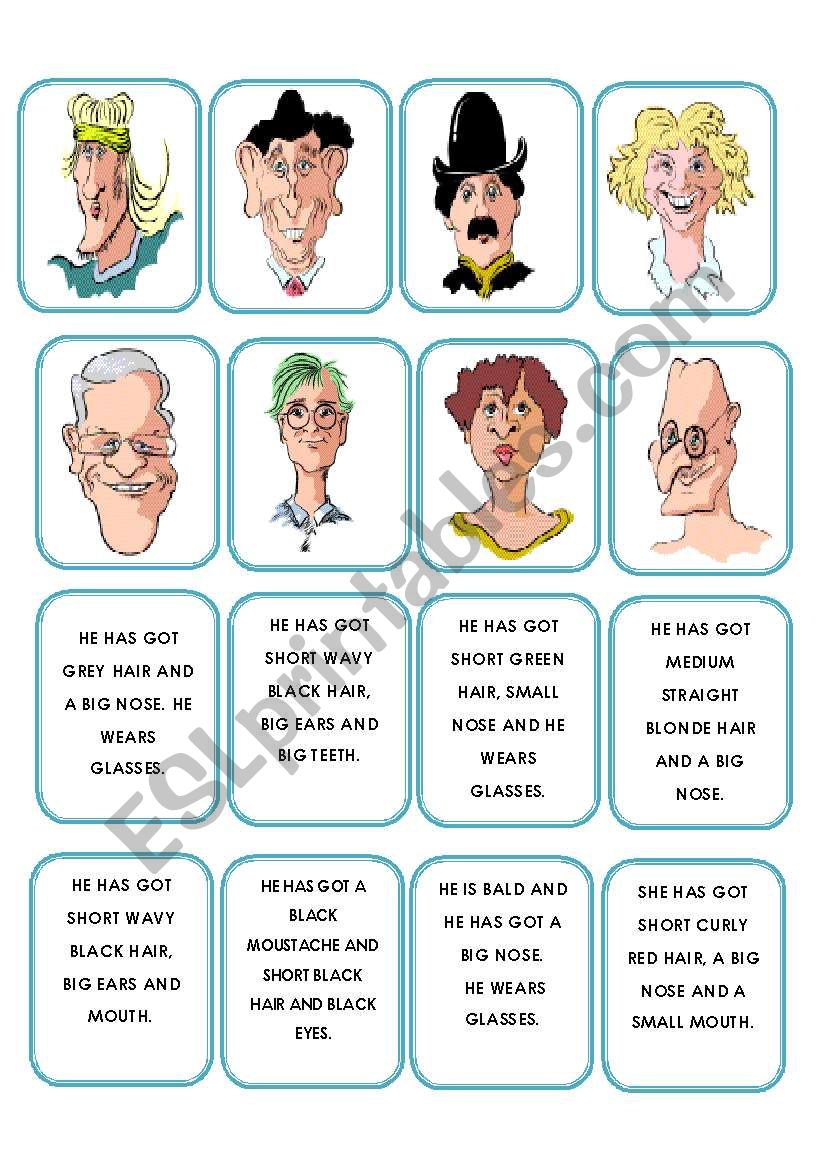 Memory game faces description worksheet