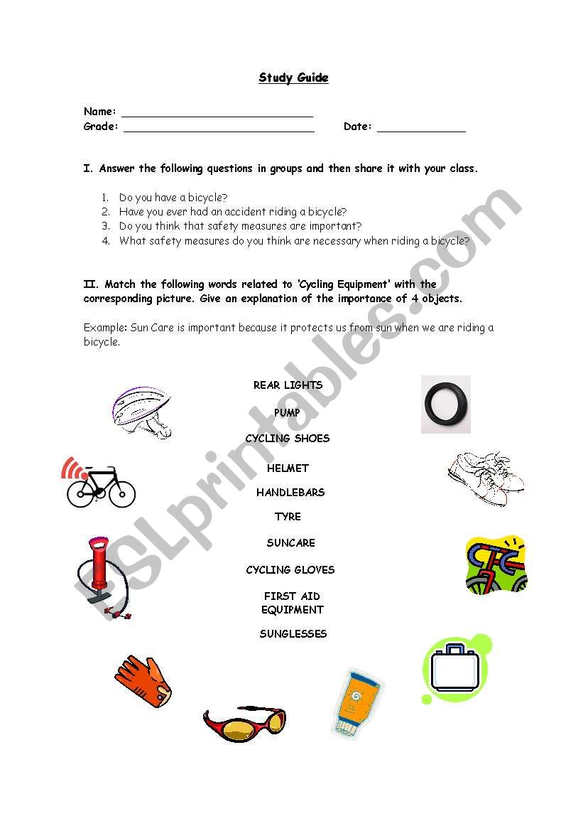 Cycling Safety activities worksheet