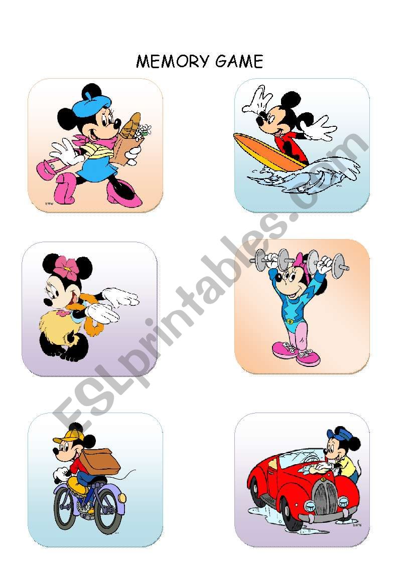 MEMORY GAME MICKEY AND MINNIE -Pictures with text (Present Continuous) 4 PAGES