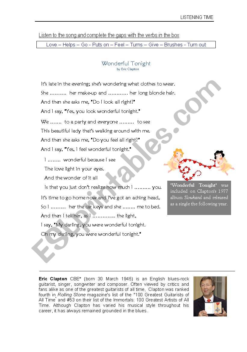 Song: Wonderful tonight worksheet