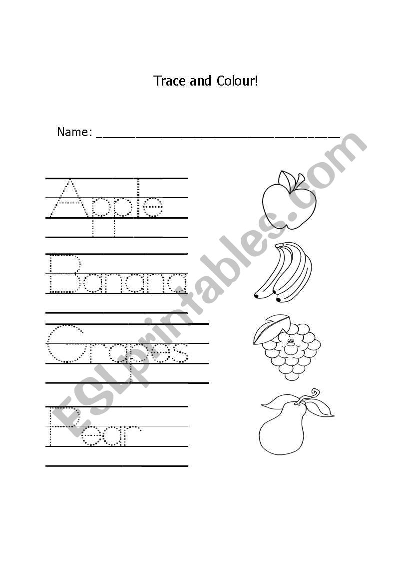 Fruits trace and colour worksheet