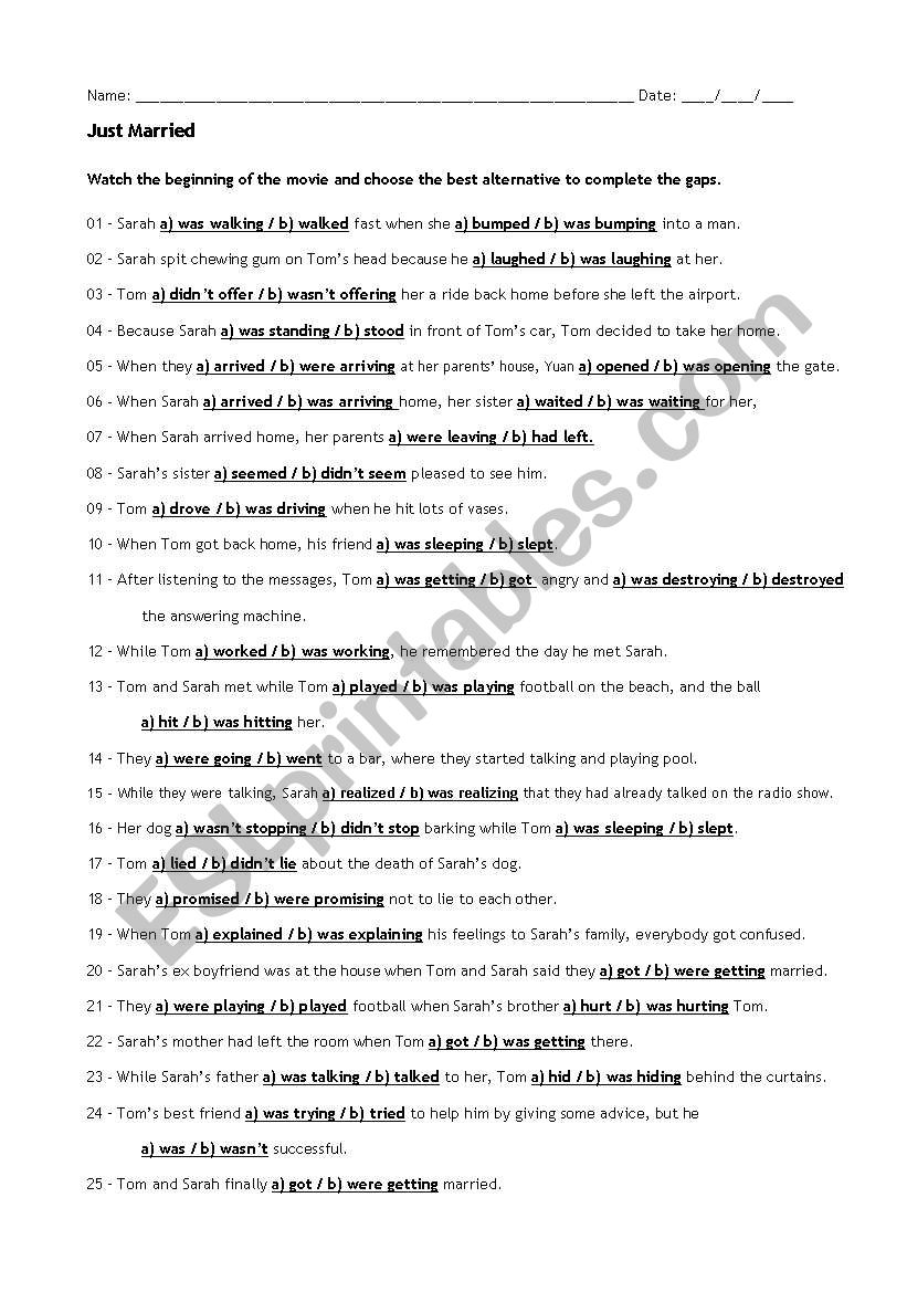 Movie - Just Married worksheet