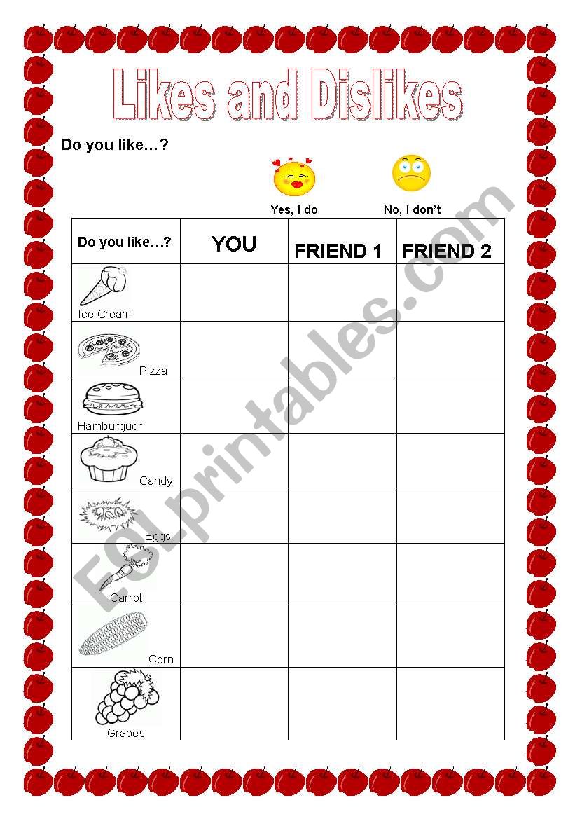 Likes and Deslikes worksheet