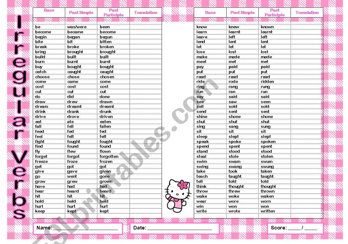 List of Irregular Verbs worksheet