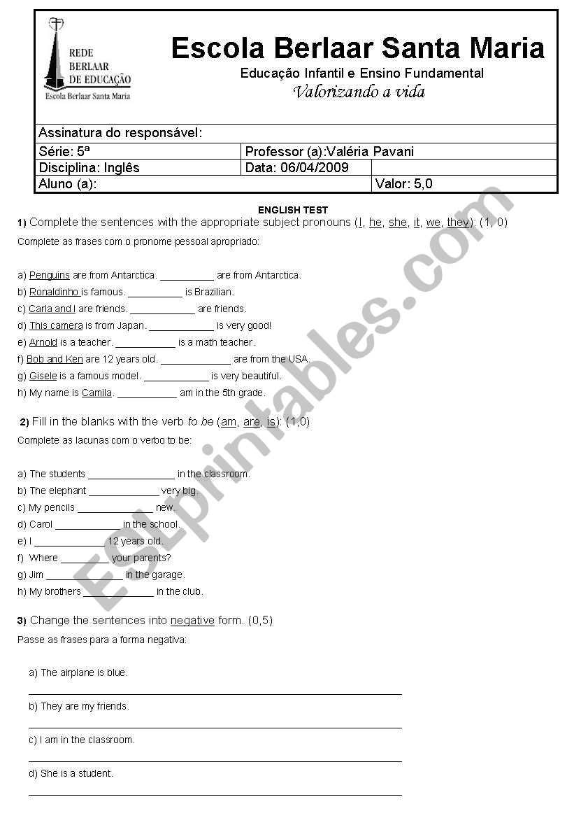 ENGLISH Evaluation Test 5th Grade