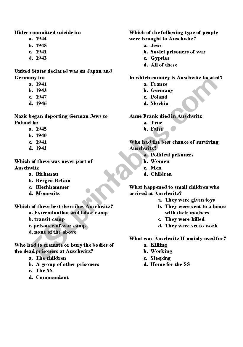 Holocaust Multiple Choice worksheet