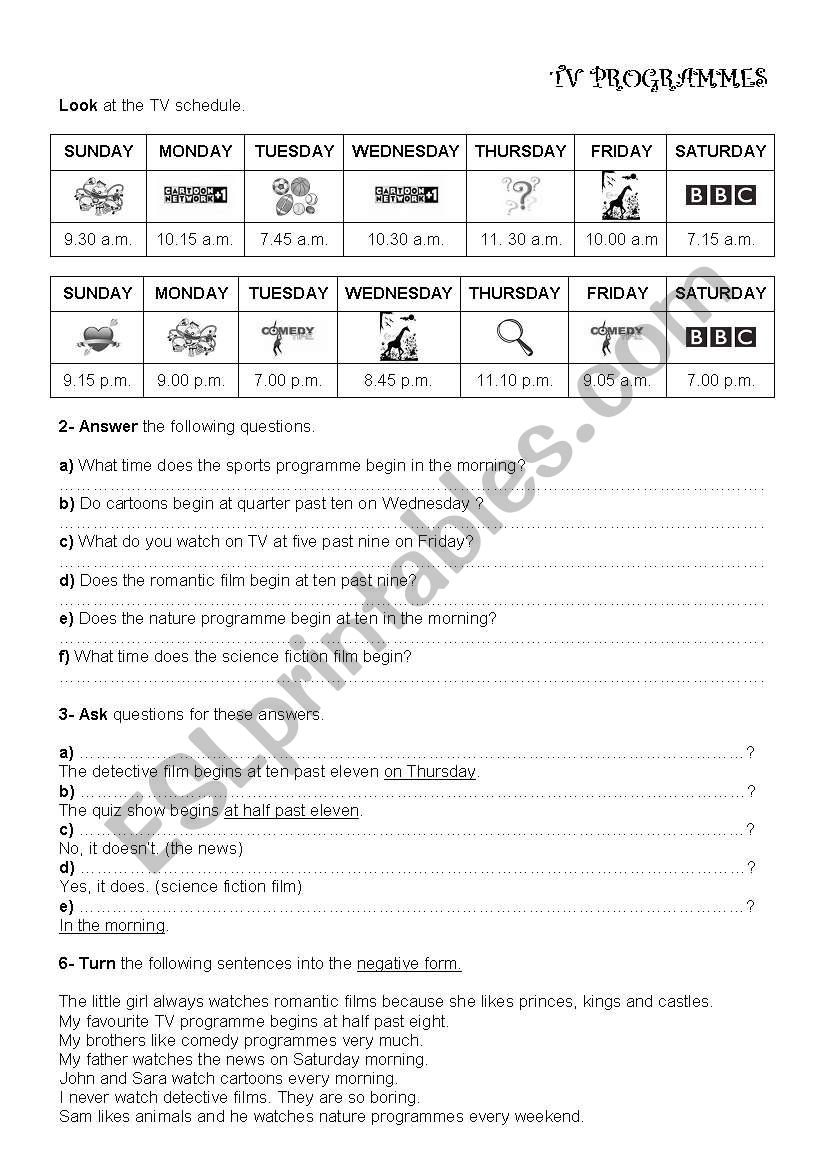 TV shedules and TV programmes worksheet