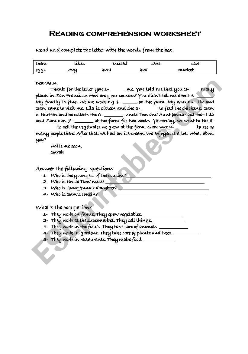 Reading comprehension worksheet