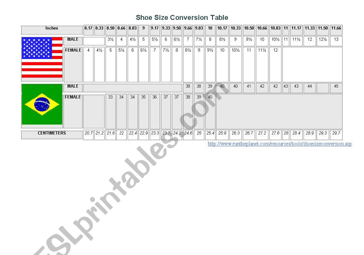 Shoe size convertion table worksheet