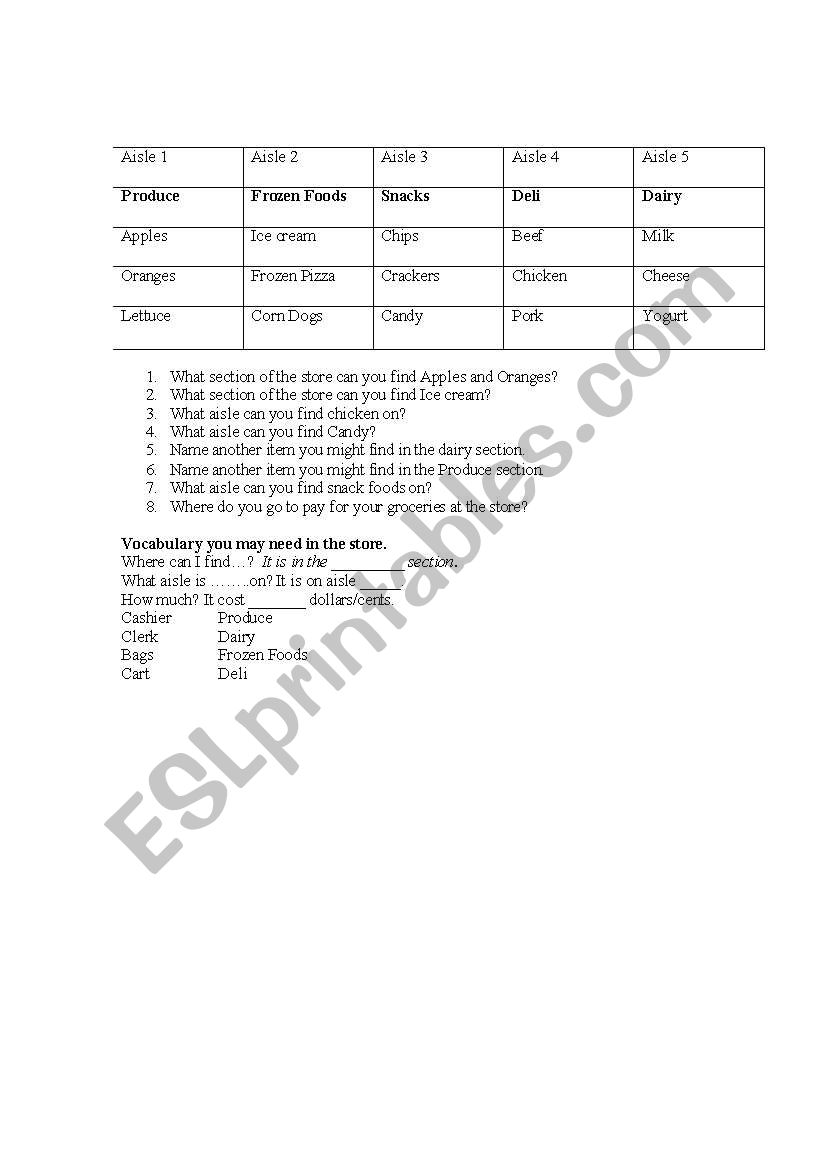 Grocery Store worksheet